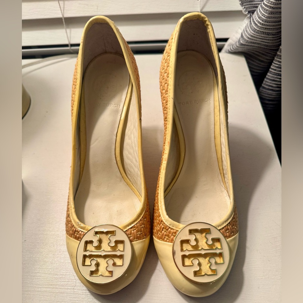 Tory Burch Yellow and Tan Woven Heels